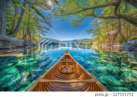 The Mersey river, along with a boat, is situated in Kejimkujik National Park 127555752