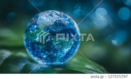 On World Environment Day, a crystal glass world globe on a lush green leaf serves as a symbol of environmental conservation, global business initiatives, and the preservation of nature and ecology 127555797