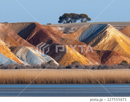 The banks of the Murray River, close to Mildura in Victoria, Australia, boast a picturesque landscape view of cliffs characterized by red bands 127555871