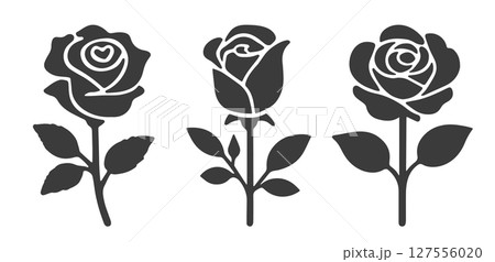 Collection of decorative roses with leaves. Rose icon symbol set. Black silhouette rose vector icons. Vector illustration image. Isolated on white background. 127556020