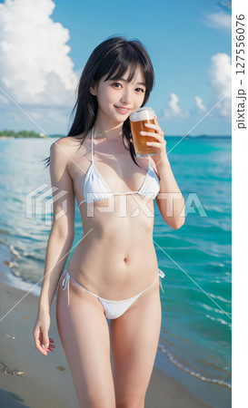 夏のビーチでビールを飲むビキニの水着を着た笑顔の若い女性 127556076