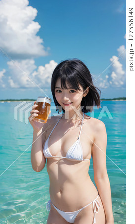 夏のビーチでビールを飲むビキニの水着を着た笑顔の若い女性 127556149