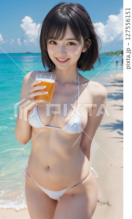 夏のビーチでビールを飲むビキニの水着を着た笑顔の若い女性 127556151