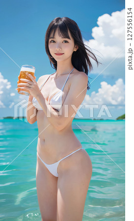 夏のビーチでビールを飲むビキニの水着を着た笑顔の若い女性 127556154