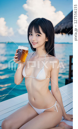 夏のビーチでビールを飲むビキニの水着を着た笑顔の若い女性 127556155