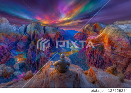 A tourist is standing at the Canyon Overlook in Zion National Park 127556284