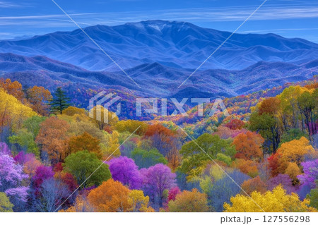 The Great Smoky Mountains National Park, situated along the North Carolina-Tennessee border, is known for its vibrant autumn colors 127556298
