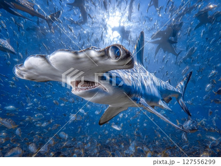 In the remote offshore waters of Malpelo Island, a UNESCO World Heritage Site in Colombia, scalloped hammerhead sharks can be found 127556299