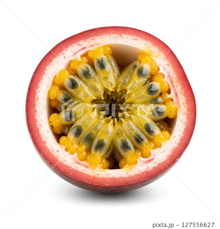 Fresh passion fruit slice, isolated on white background. Tropical exotic fruit concept for organic juice, dessert, or healthy food packaging visuals. 127556627