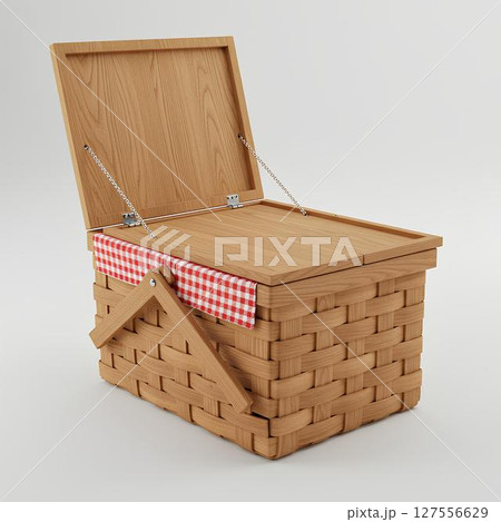 Wooden picnic basket with cloth lining, isolated on white background. Outdoor lunch design for park, camping, or rustic food lifestyle visuals. 127556629