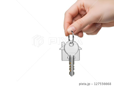 Hand holding a house key mockup isolated on white background, for real estate branding, home ownership visuals, or property investment ads 127556668