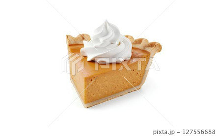 Blank slice of homemade pumpkin pie mockup on plain white background, for autumn dessert promotions and Thanksgiving visuals. 127556688
