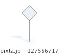 Blank white rhombus shape street sign mockup, 3d rendering. Clear rhomb signage design mock up, isolated. Empty outdoor board on metal pole stand. 127556717