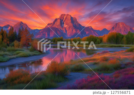 Oxbow Bend on the Snake River in Grand Teton National Park is a scenic spot at sunrise with mountains 127556871