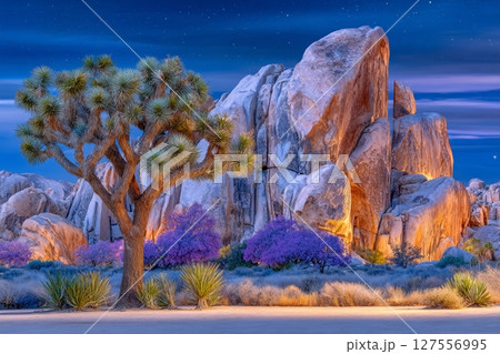 Joshua Tree National Park is home to Joshua Trees illuminated by the soft glow of the moon under starry skies 127556995