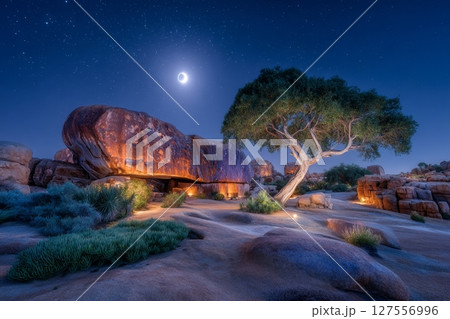Joshua Trees bathed in moonlight beneath a star-filled sky in Joshua Tree National Park 127556996