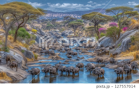A sizable group of Cape Buffalo gather at the edge of Lake Kariba in Zimbabwe to quench their thirst 127557014