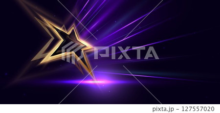 Golden star with purple lighting effect glowing on dark background and sparkle. Golden star with purple lighting effect glowing on dark background and sparkle. 127557020