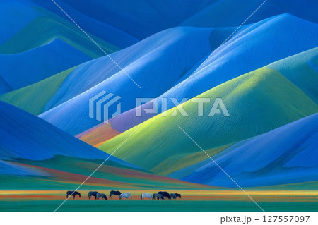 Equus ferus przewalskii, or Przewalski Horses, inhabit the meadow at Hustai National Park in Mongolia during the autumn months 127557097