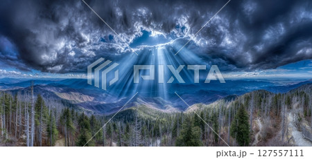 In the Great Smoky Mountains National Park, a location known as Wide-framed Wilderness, the view from Clingmans Dome is particularly scenic with picturesque copy space In the Great Smoky Mountains National Park, a location known as Wide-framed Wilderness, the view from Clingmans Dome is particularly scenic with picturesque copy space 127557111