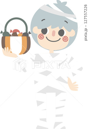 happy halloween holiday festival with boy wearing mummy costume holding pumpkin basket with candy, flat vector illustration cartoon character design 127557226