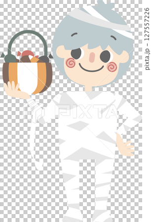 happy halloween holiday festival with boy wearing mummy costume holding pumpkin basket with candy, flat vector illustration cartoon character design 127557226