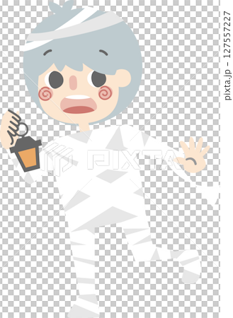 happy halloween holiday festival with boy wearing mummy costume holding pumpkin basket with candy, flat vector illustration cartoon character design 127557227