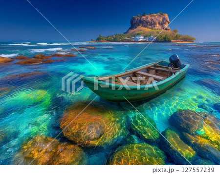 The scenery of Senanayake Samudraya Galoya National Park in Inginiyagala, Ampara, Sri Lanka, features a stunning lake mountain landscape with a solitary boat The scenery of Senanayake Samudraya Galoya National Park in Inginiyagala, Ampara, Sri Lanka, features a stunning lake mountain landscape with a solitary boat 127557239