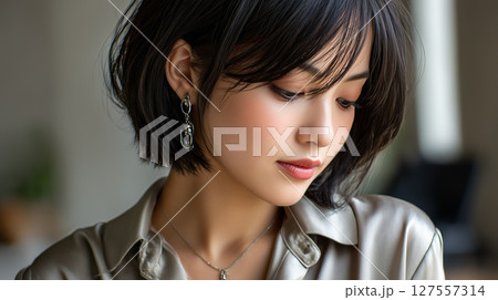 抜け感ボブの横顔女性 127557314