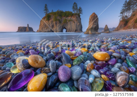 The sunset at Olympic National Park, Washington, USA, is particularly notable at Rialto beach near La Push on the Pacific coast 127557598