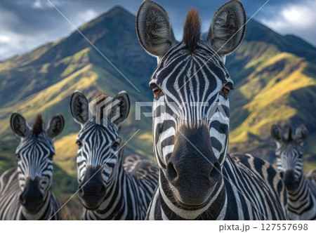 The excellent illustration features a group of zebras that inhabit the savannah in countries such as Kenya and Tanzania, and in areas like National Park, Serengeti, and Maasai Mara 127557698
