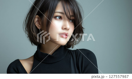 黒タートルとボブ女性 黒タートルとボブ女性 127557987