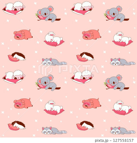 Seamless pattern with Sleepy Time Animal Characters. Cozy Cartoon Bedtime Set	 127558157