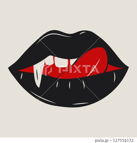 Intense Vampire Lips with Fangs. Seductive Gothic Art	 127558172