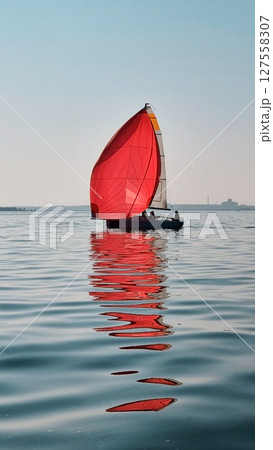 A sailboat with a vibrant red spinnaker sail glides smoothly across calm water under a clear sky. Silhouettes of people are visible on the boat, enjoying a peaceful sailing experience. The sun reflect 127558307
