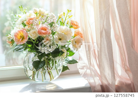 Pastel Floral Bouquet in Glass Vase with Soft Natural Light for Vintage 80s Aesthetic Pastel Floral Bouquet in Glass Vase with Soft Natural Light for Vintage 80s Aesthetic 127558745