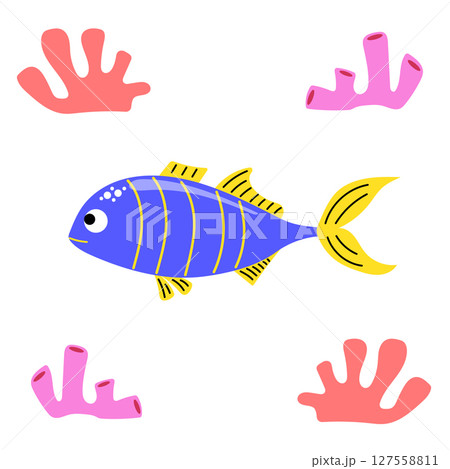 Cute blue tropical fish. Exotic fish with corals. Cute blue tropical fish. Exotic fish with corals. 127558811