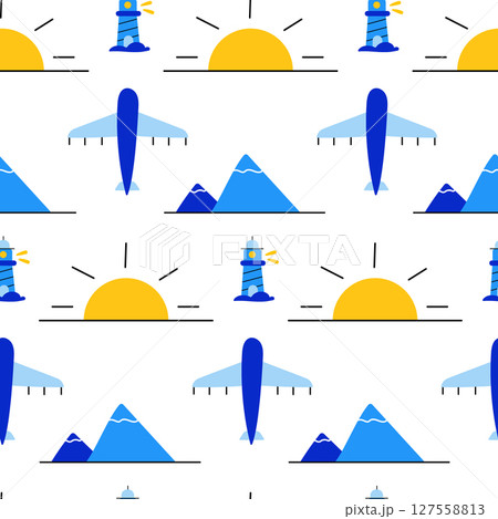 Travel seamless pattern with airplane, sun, mountains and lighthouse. Trip to the sea. Travel seamless pattern with airplane, sun, mountains and lighthouse. Trip to the sea. 127558813