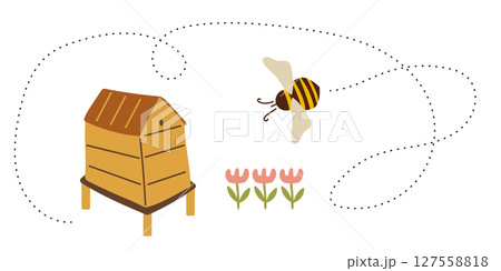 Bee is flying from flower to home. Flight of the bee. Summer illustration. Healthy eating. 127558818