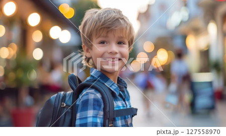 Full of enthusiasm, a little boy grins with his school backpack, ready to take on the school day. 127558970