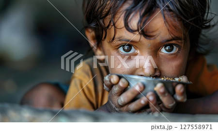 A small, starving child clutches their stomach, eyes wide with desperation, highlighting the plight of hunger in the world. 127558971