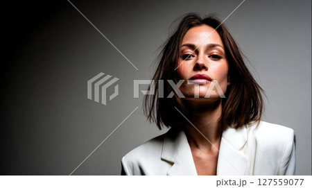 Confident Woman in White Suit with Dramatic Lighting 127559077