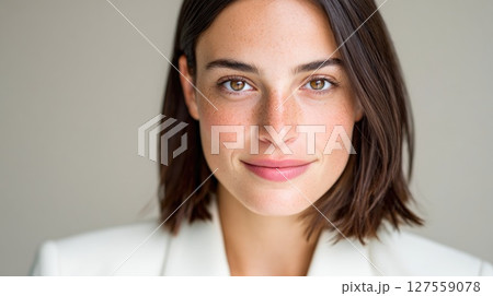 Smiling Woman in White Blazer with Natural Look Smiling Woman in White Blazer with Natural Look 127559078
