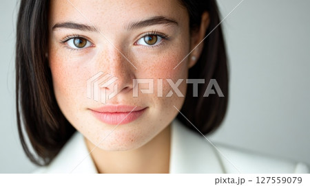 Close-Up of Young Woman with Freckles and Clean Makeup 127559079