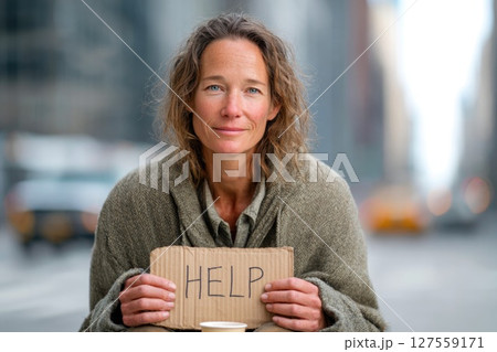 Homeless Woman Holding Help Sign on City Street Homeless Woman Holding Help Sign on City Street 127559171