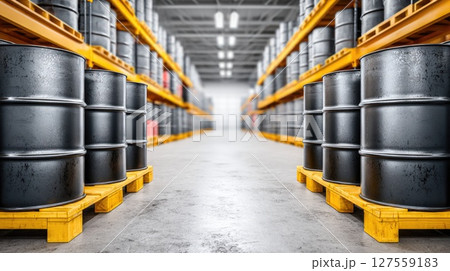 Oil Drums in Industrial Storage with Yellow Pallets Oil Drums in Industrial Storage with Yellow Pallets 127559183