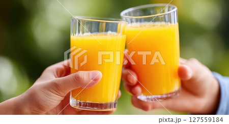 Close-up of Two Hands Holding Glasses of Orange Juice 127559184