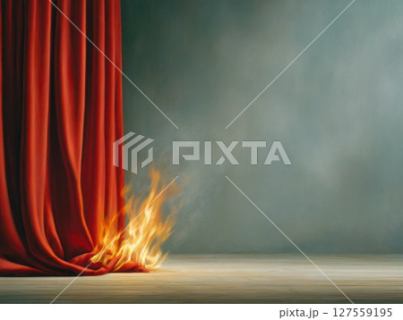 Red Curtain Caught on Fire Indoors Red Curtain Caught on Fire Indoors 127559195