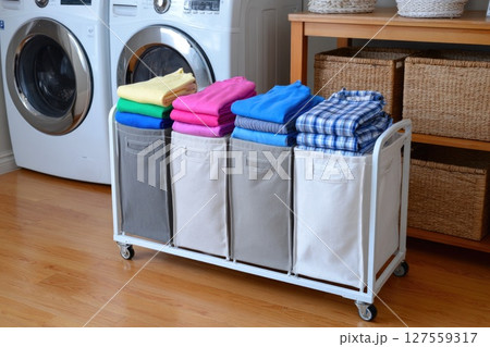 Organized Laundry Cart With Folded Clothes 127559317
