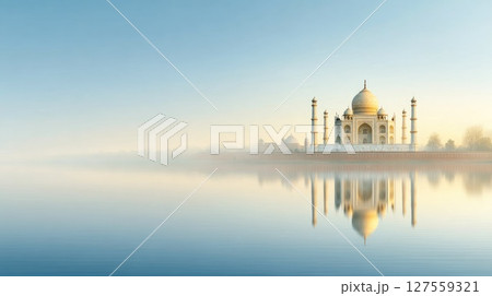 Golden Morning at Taj Mahal With Water Reflection 127559321